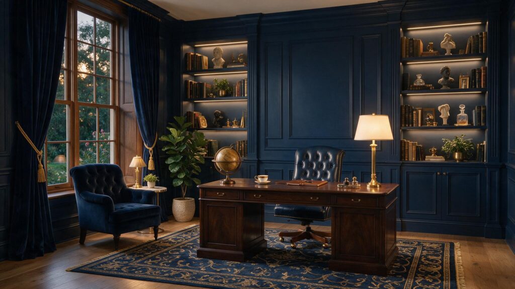 Floor-to-ceiling navy blue custom wall paneling and bookshelves in a home office.