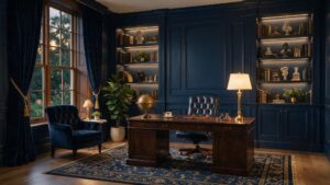 Floor-to-ceiling navy blue custom wall paneling and bookshelves in a home office.