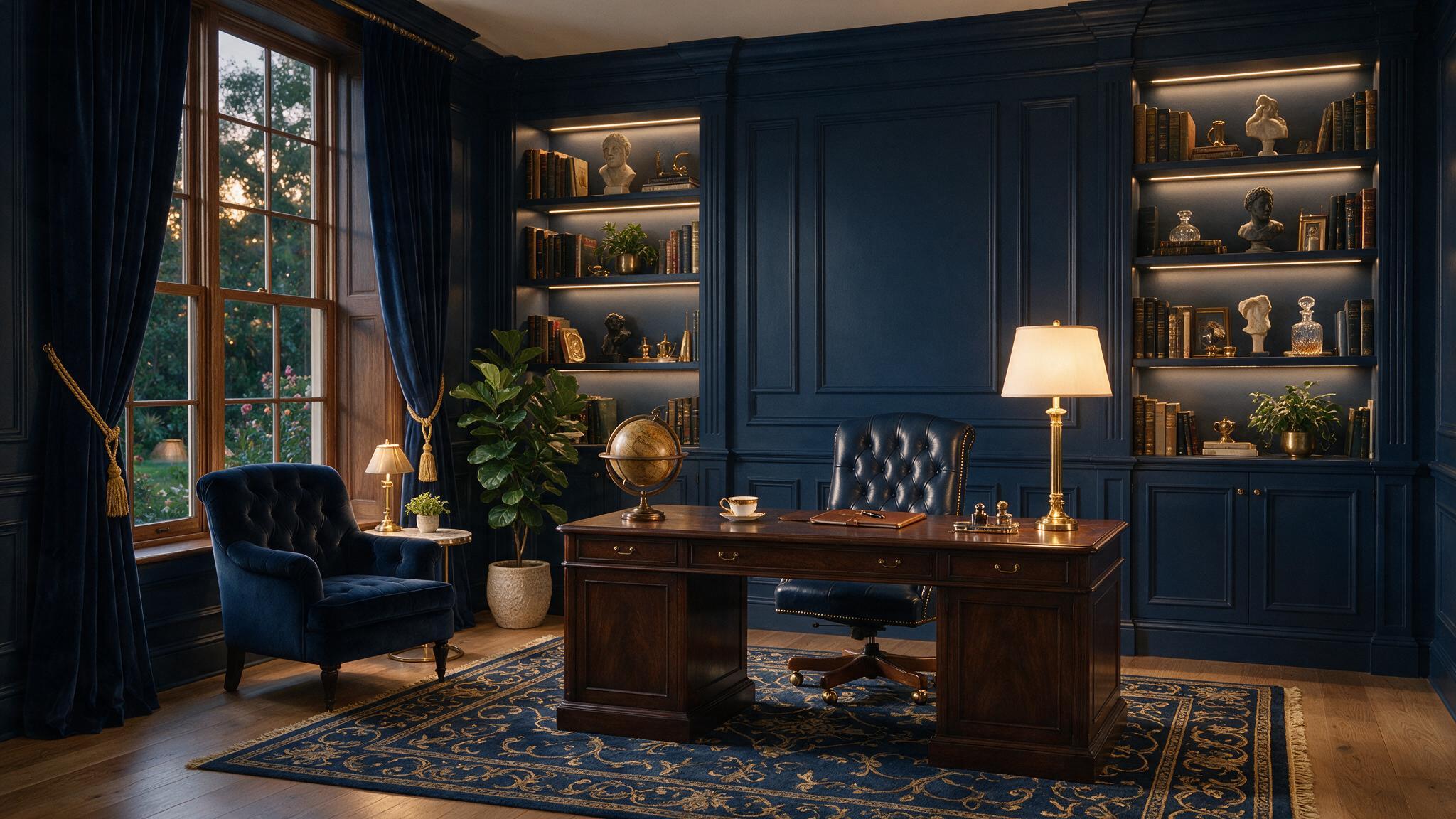Floor-to-ceiling navy blue custom wall paneling and bookshelves in a home office.