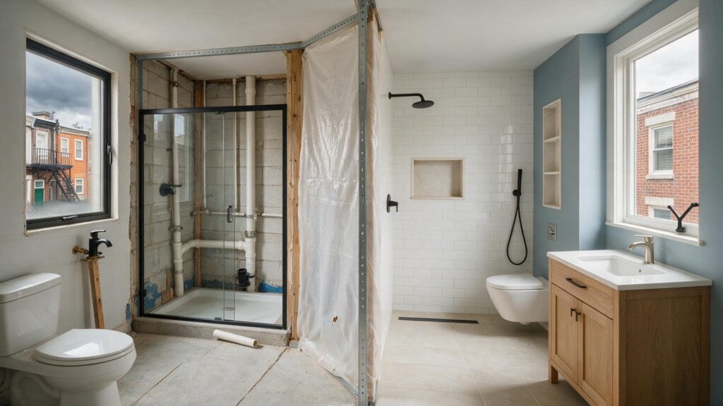 Rerouting Shower Drains & Waste Stacks in Narrow Philadelphia Rowhome Bathroom Remodels shown in a realistic Philadelphia, PA residential construction setting.