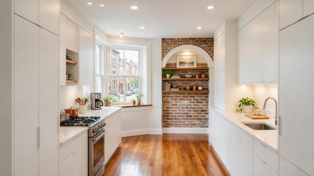 Custom narrow kitchen design in a historic Fairmount rowhome featuring smart vertical cabinetry and built-in lighting.