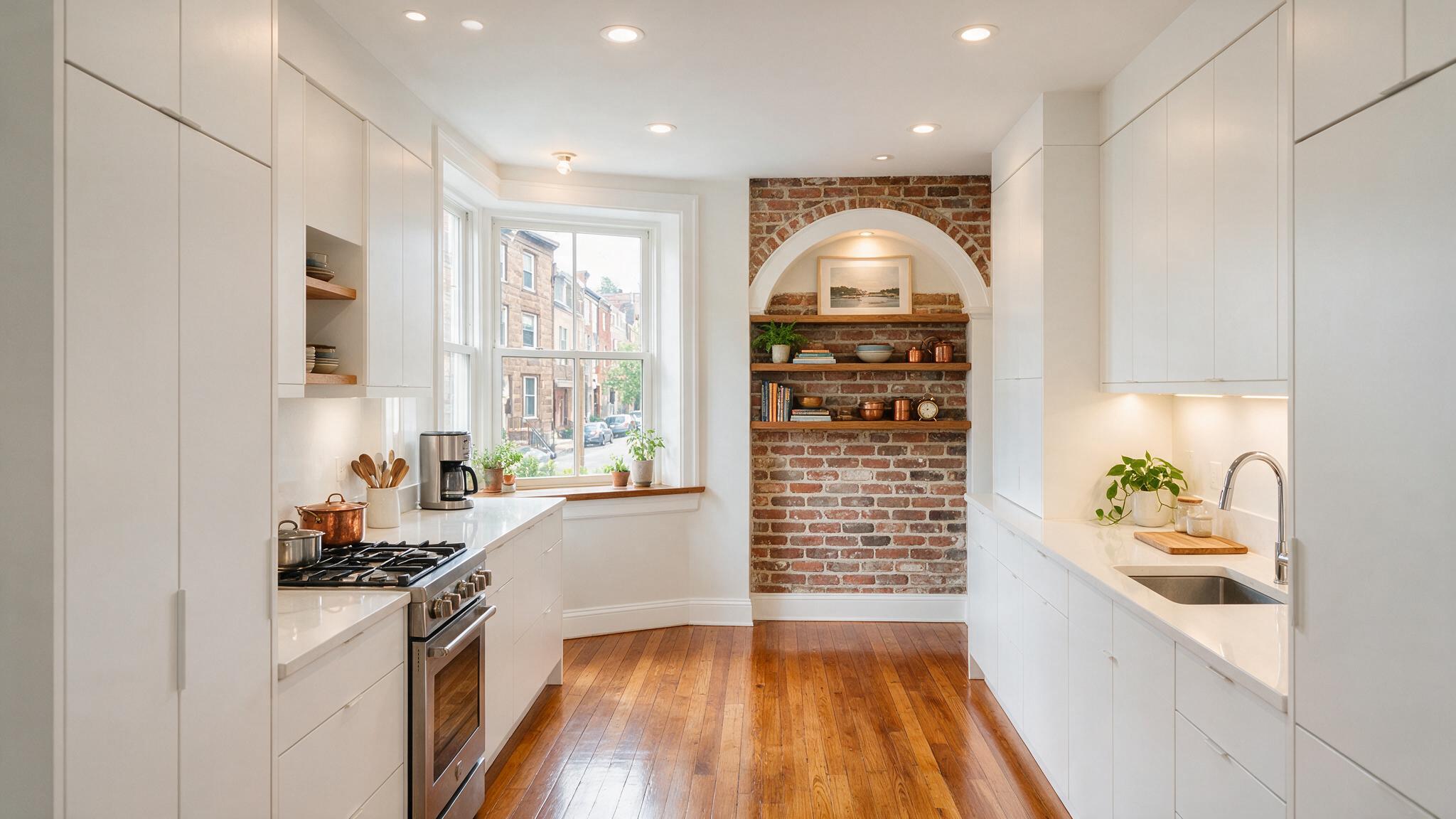 Custom narrow kitchen design in a historic Fairmount rowhome featuring smart vertical cabinetry and built-in lighting.
