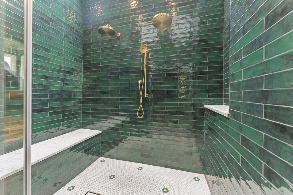 Waterproofing Details for Tiled Rowhome Walk-In Showers shown in a realistic Philadelphia, PA residential construction setting.