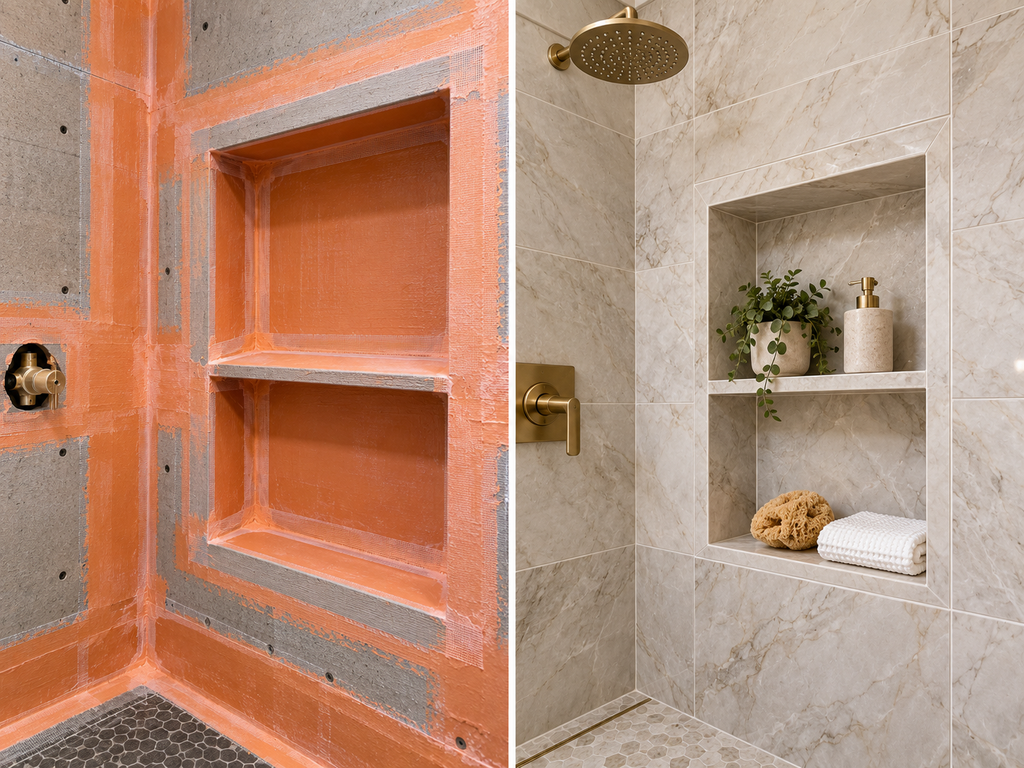 Professional shower niche waterproofing Philadelphia detail for Philly Kitchen & Bath LLC in Northeast Philadelphia