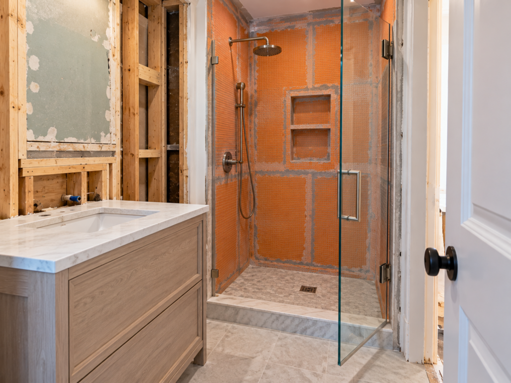 A remodeled small 5x8 Philadelphia bathroom featuring a sleek tub-to-shower conversion with a frameless glass enclosure and large-format wall tile.