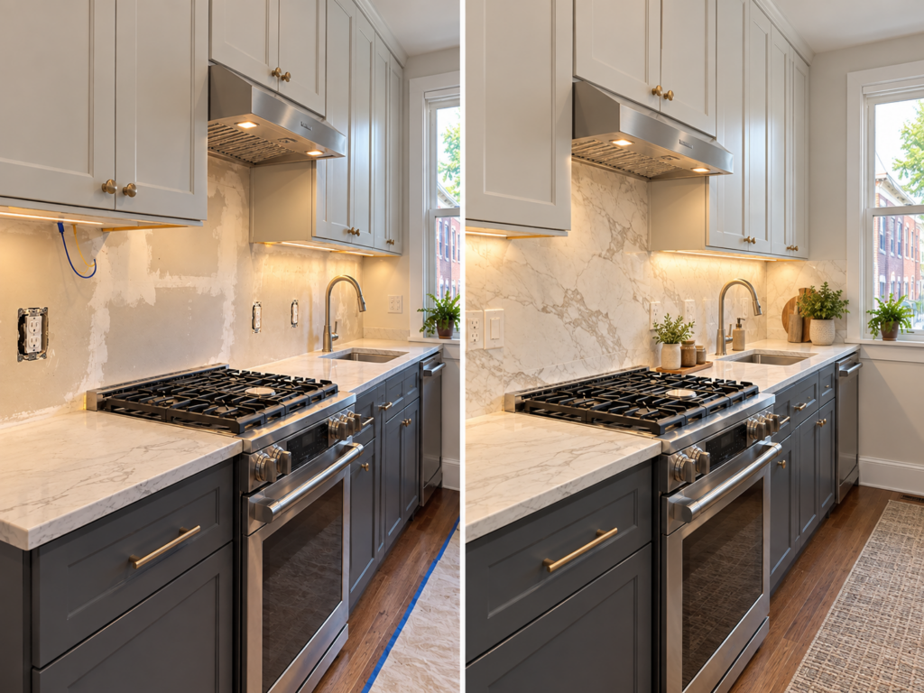 Professional backsplash outlet under cabinet lighting planning detail for Philly Kitchen & Bath LLC in Northeast Philadelphia