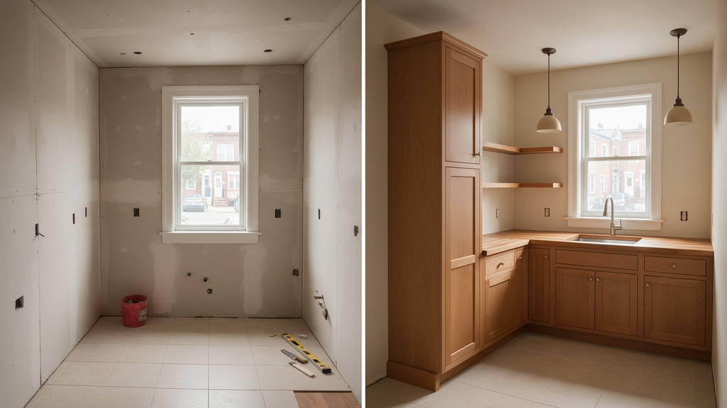 Professional install cabinets out of plumb wall Philadelphia detail for Philly Kitchen & Bath LLC in Northeast Philadelphia