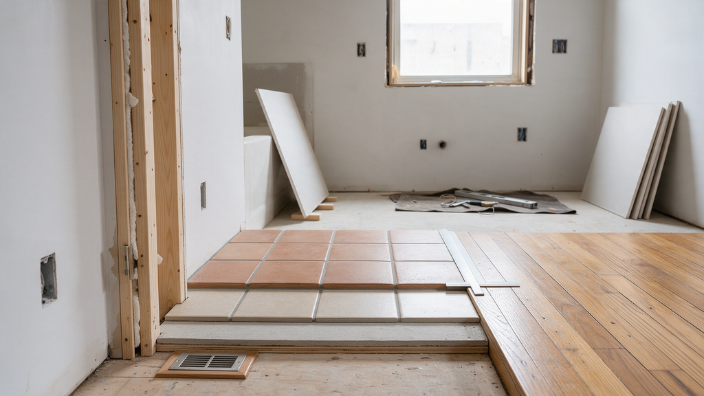 Professional bathroom tile floor transition Philadelphia detail for Philly Kitchen & Bath LLC in Northeast Philadelphia
