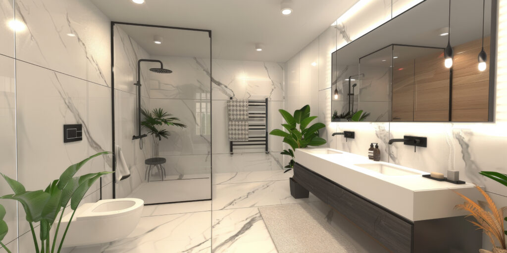 Waterproofing Details for Tiled Rowhome Walk-In Showers shown in a realistic Philadelphia, PA residential construction setting.