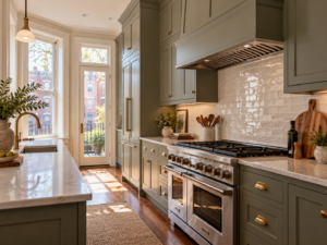 Ducted range hood installed over a range in a remodeled Philadelphia rowhome kitchen