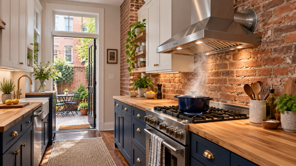 Narrow Philadelphia rowhome kitchen with a stainless steel ducted range hood