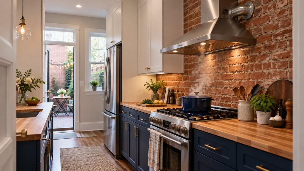 Narrow Philadelphia rowhome kitchen with a stainless steel ducted range hood