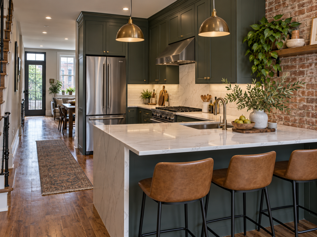 Kitchen countertop overhang and peninsula seating in a Philadelphia rowhome remodel