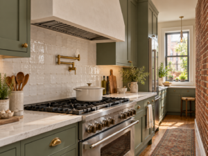Wall-mounted pot filler faucet above a gas range against a tiled backsplash in a remodeled Philadelphia rowhome kitchen