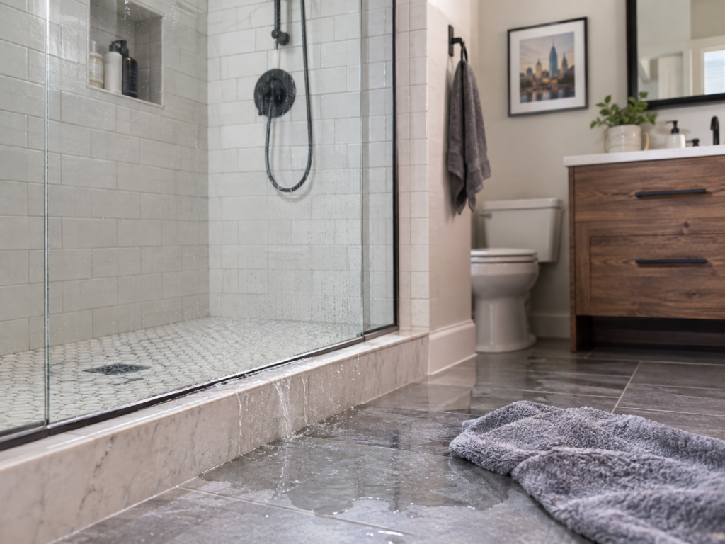 **Alt text:** Modern bathroom shower with water leaking over the threshold and pooling on the tiled floor, illustrating a recurring shower leak.