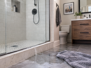 **Alt text:** Modern bathroom shower with water leaking over the threshold and pooling on the tiled floor, illustrating a recurring shower leak.