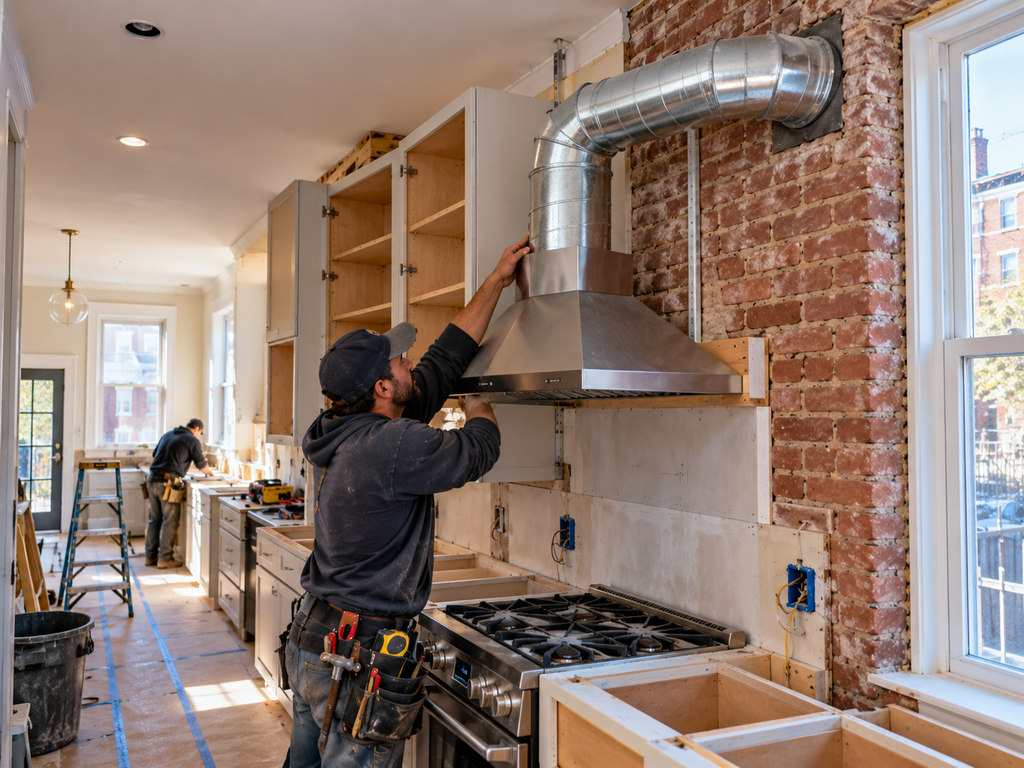 Range hood venting installed during a Philadelphia rowhome kitchen remodel