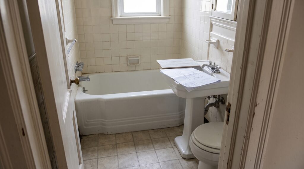 Alt Text:Antiguo baño de Haddonfield en fase de planificación, mostrando una bañera original, azulejos vintage, lavabo con muestras y planos de reforma, visto desde la puerta.