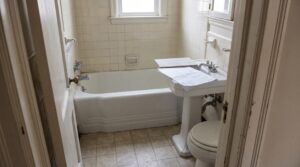 Alt Text:Antiguo baño de Haddonfield en fase de planificación, mostrando una bañera original, azulejos vintage, lavabo con muestras y planos de reforma, visto desde la puerta.