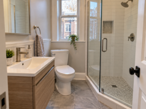 Compact remodeled rowhome bathroom with toilet, narrow vanity and glass-enclosed shower