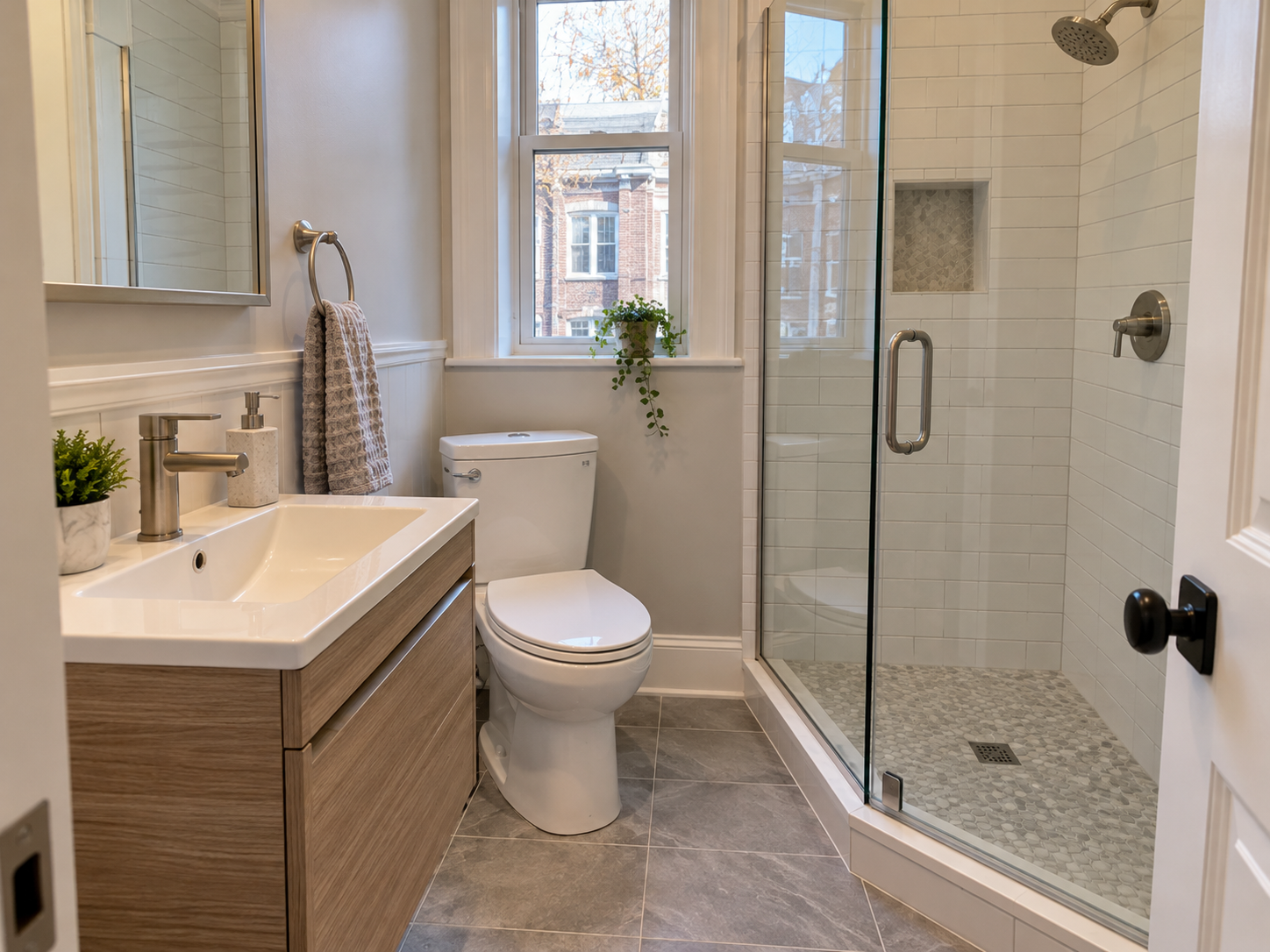 Compact remodeled rowhome bathroom with toilet, narrow vanity and glass-enclosed shower