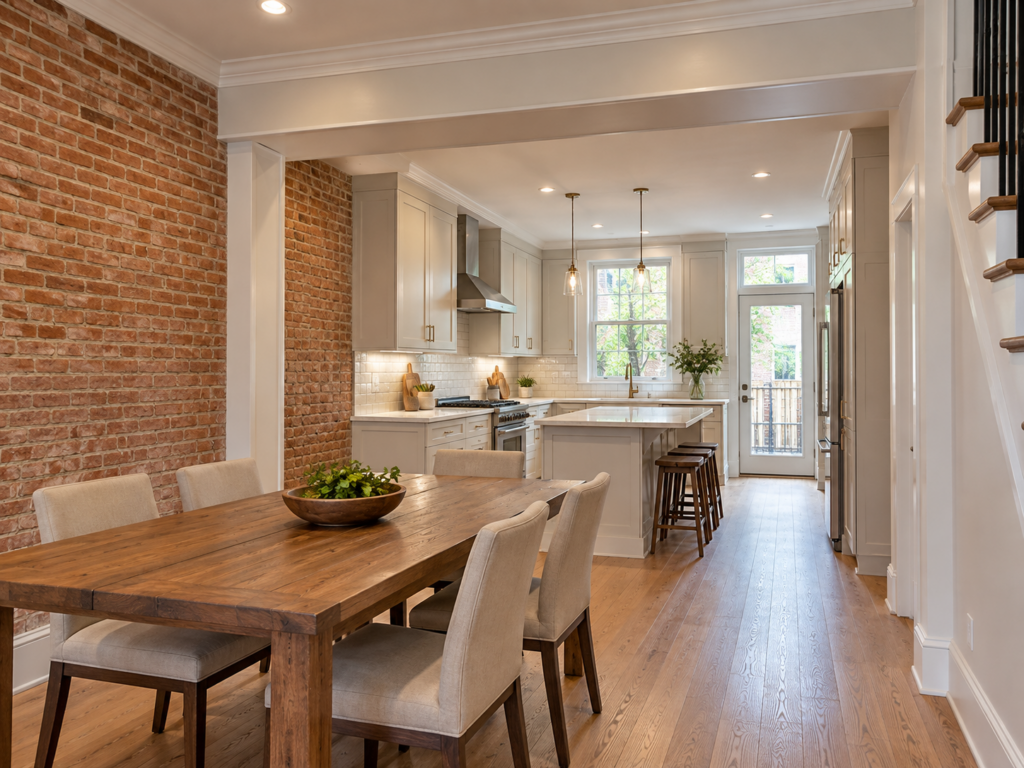 Open kitchen and dining area in a narrow Philadelphia rowhome with a cased beam where the dividing wall was removed and light from rear windows