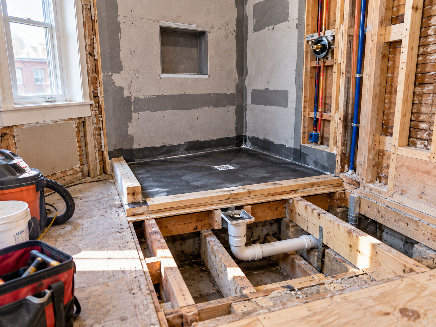 Walk-in shower drain relocation during a Philadelphia bathroom remodel